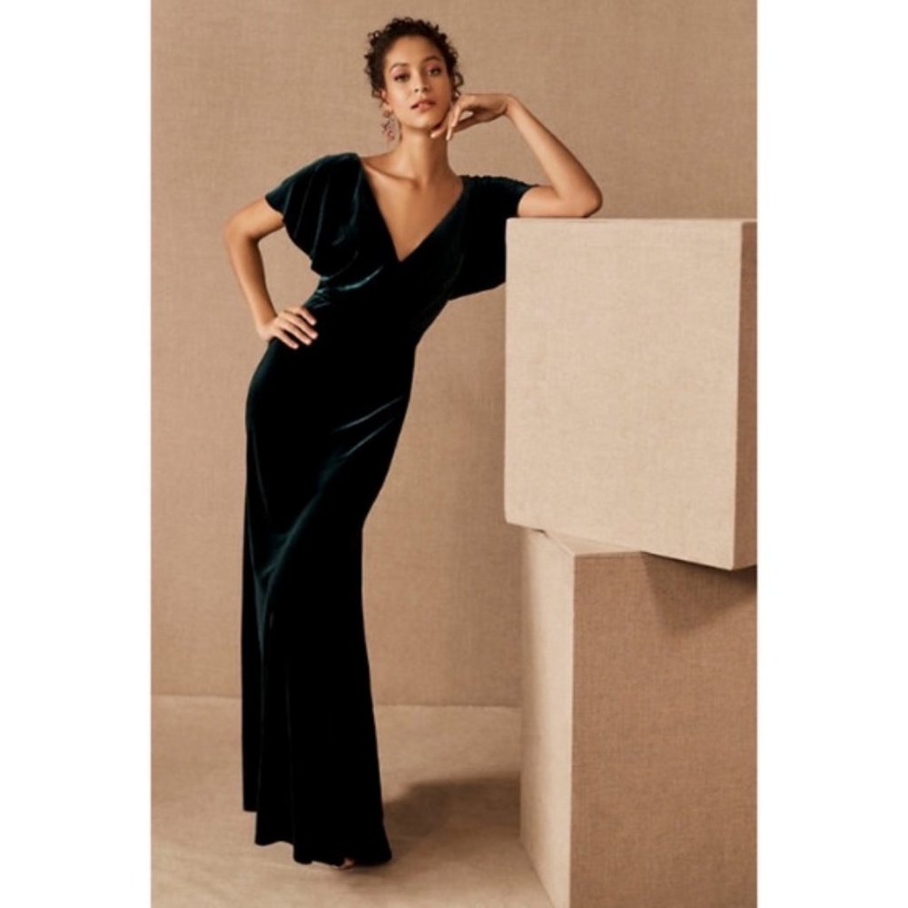 Jenny Yoo BHLDN Ellis Dress Open Back Dark Emerald Green Velvet Size 6